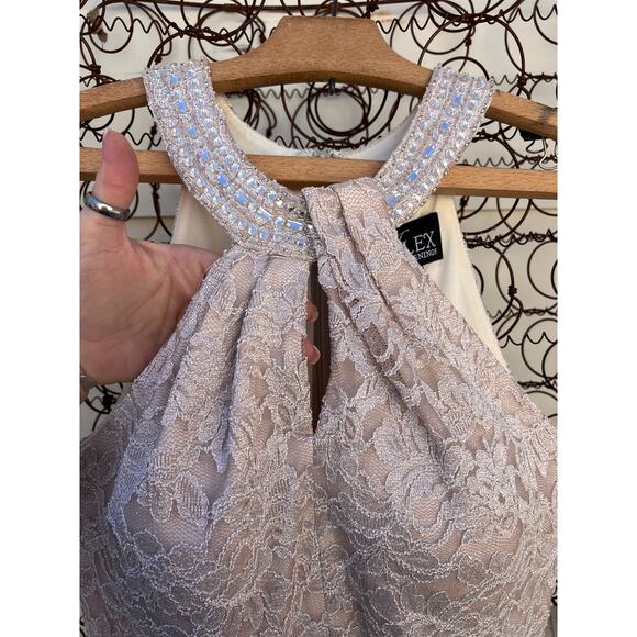 Alex Evenings Long Halter Lace Sheath Dress with Skirt Slit in Taupe Size 8 - Picture 4 of 7